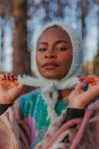 sage green & pink tie beanie
